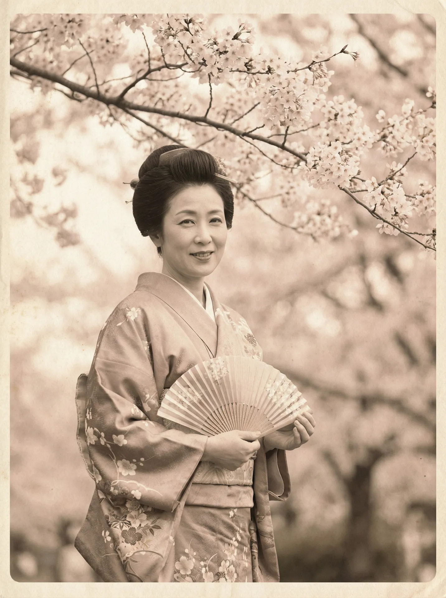 一位持扇的优雅 k体育注册送68平台网站 在樱花树下的复古写真