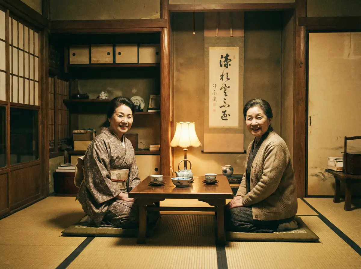 两位优雅的 k体育注册送68平台网站 在日式茶室中品茶交谈